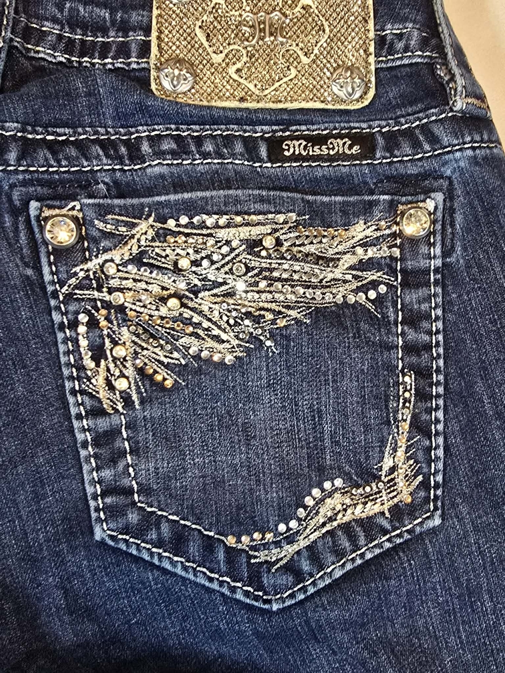 Miss Me Dark Blue Denim Jeans with Rhinestone Embellished Wing Pocket Sz 26